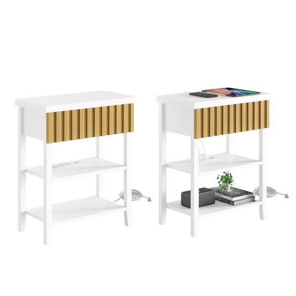 English Elm Fluted Relief Nightstand Set of 2 with Charging Station and Open Shelves for Bedroom T6372P547414