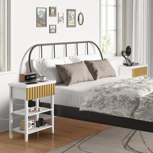 English Elm Fluted Relief Nightstand Set of 2 with Charging Station and Open Shelves for Bedroom T6372P547414