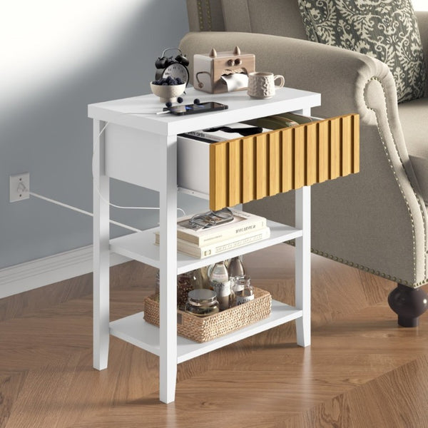 English Elm Fluted Relief Nightstand Set of 2 with Charging Station and Open Shelves for Bedroom T6372P547414