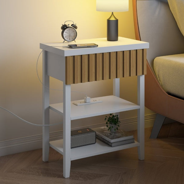 English Elm Fluted Relief Nightstand Set of 2 with Charging Station and Open Shelves for Bedroom T6372P547414