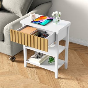 English Elm Fluted Relief Nightstand Set of 2 with Charging Station and Open Shelves for Bedroom T6372P547414