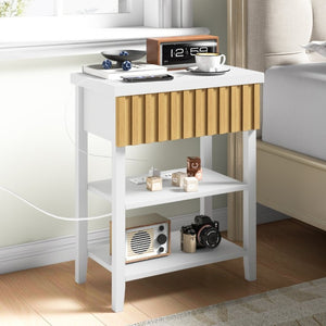 English Elm Fluted Relief Nightstand Set of 2 with Charging Station and Open Shelves for Bedroom T6372P547414