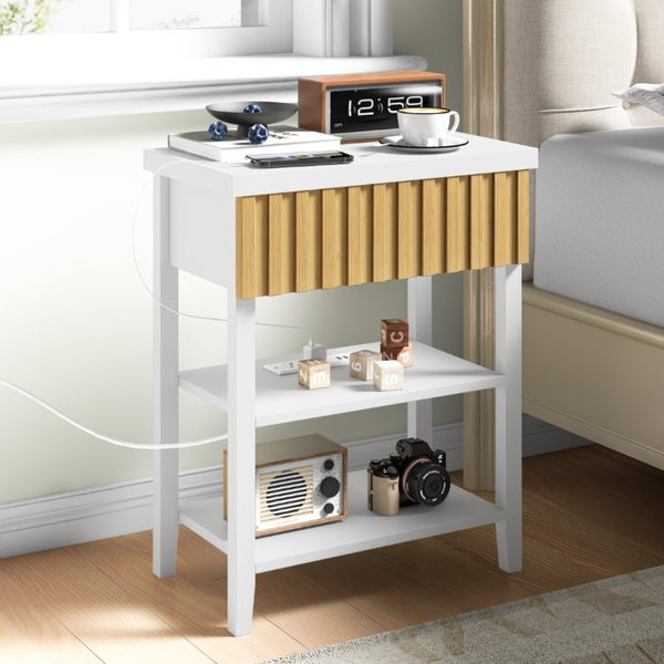 English Elm Fluted Relief Nightstand Set of 2 with Charging Station and Open Shelves for Bedroom T6372P547414