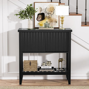 English Elm 31.5 Inch Fluted Console Table with Sliding Doors Open Shelf for Entryway or Office Black T6372P547509