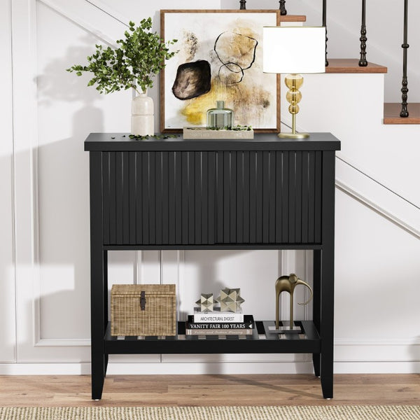 English Elm 31.5 Inch Fluted Console Table with Sliding Doors Open Shelf for Entryway or Office Black T6372P547509