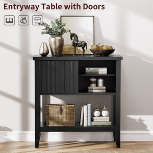 English Elm 31.5 Inch Fluted Console Table with Sliding Doors Open Shelf for Entryway or Office Black T6372P547509