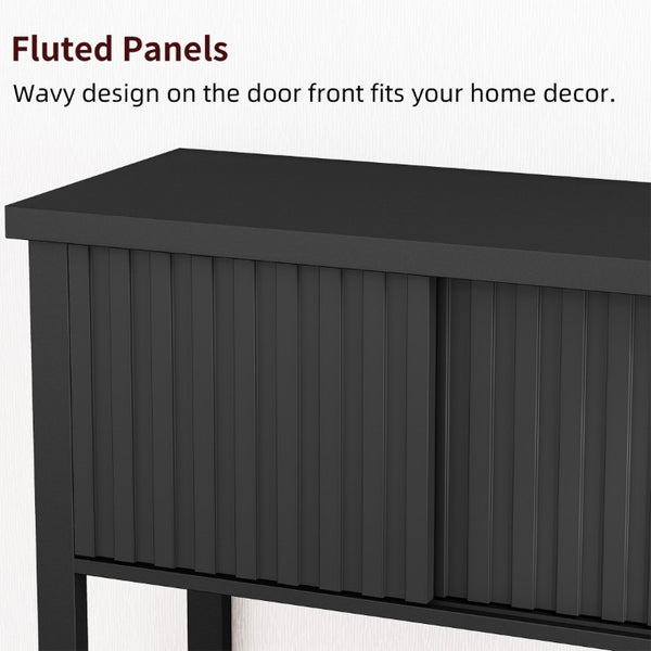English Elm 31.5 Inch Fluted Console Table with Sliding Doors Open Shelf for Entryway or Office Black T6372P547509