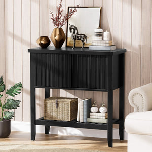 English Elm 31.5 Inch Fluted Console Table with Sliding Doors Open Shelf for Entryway or Office Black T6372P547509