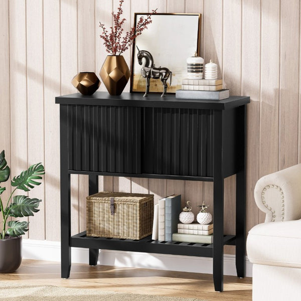 English Elm 31.5 Inch Fluted Console Table with Sliding Doors Open Shelf for Entryway or Office Black T6372P547509