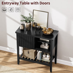 English Elm 31.5 Inch Fluted Console Table with Sliding Doors Open Shelf for Entryway or Office Black T6372P547509