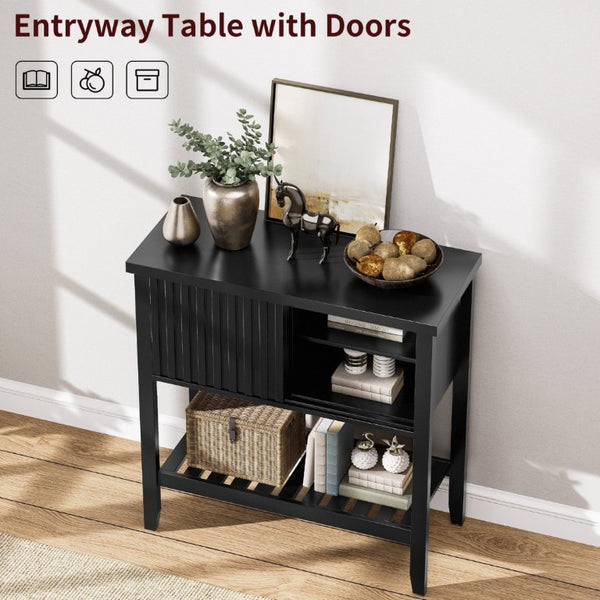 English Elm 31.5 Inch Fluted Console Table with Sliding Doors Open Shelf for Entryway or Office Black T6372P547509