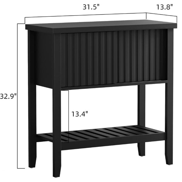 English Elm 31.5 Inch Fluted Console Table with Sliding Doors Open Shelf for Entryway or Office Black T6372P547509