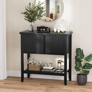 English Elm 31.5 Inch Fluted Console Table with Sliding Doors Open Shelf for Entryway or Office Black T6372P547509