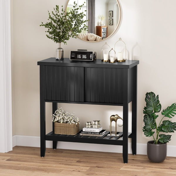 English Elm 31.5 Inch Fluted Console Table with Sliding Doors Open Shelf for Entryway or Office Black T6372P547509