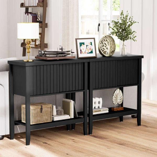 English Elm 31.5 Inch Fluted Console Table with Sliding Doors Open Shelf for Entryway or Office Black T6372P547509