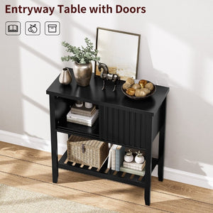English Elm 31.5 Inch Fluted Console Table with Sliding Doors Open Shelf for Entryway or Office Black T6372P547509