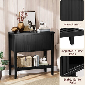 English Elm 31.5 Inch Fluted Console Table with Sliding Doors Open Shelf for Entryway or Office Black T6372P547509