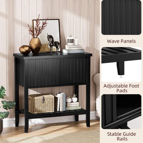 English Elm 31.5 Inch Fluted Console Table with Sliding Doors Open Shelf for Entryway or Office Black T6372P547509