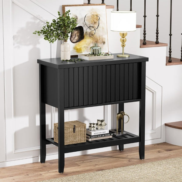 English Elm 31.5 Inch Fluted Console Table with Sliding Doors Open Shelf for Entryway or Office Black T6372P547509