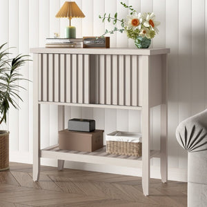 English Elm 31.5 Inch Fluted Console Table with Sliding Doors Open Shelf for Entryway or Office Beige T6372P547510