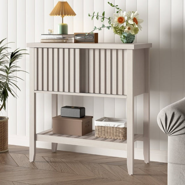 English Elm 31.5 Inch Fluted Console Table with Sliding Doors Open Shelf for Entryway or Office Beige T6372P547510