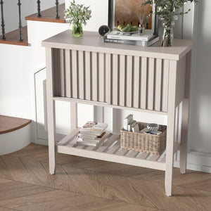 English Elm 31.5 Inch Fluted Console Table with Sliding Doors Open Shelf for Entryway or Office Beige T6372P547510
