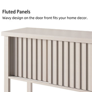English Elm 31.5 Inch Fluted Console Table with Sliding Doors Open Shelf for Entryway or Office Beige T6372P547510