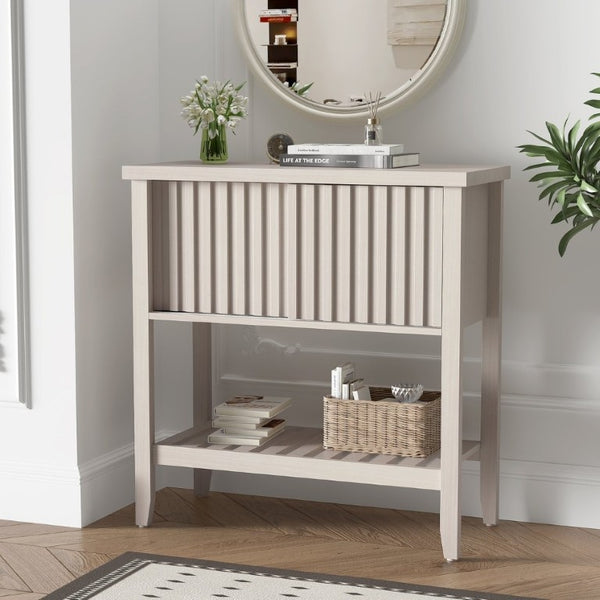 English Elm 31.5 Inch Fluted Console Table with Sliding Doors Open Shelf for Entryway or Office Beige T6372P547510