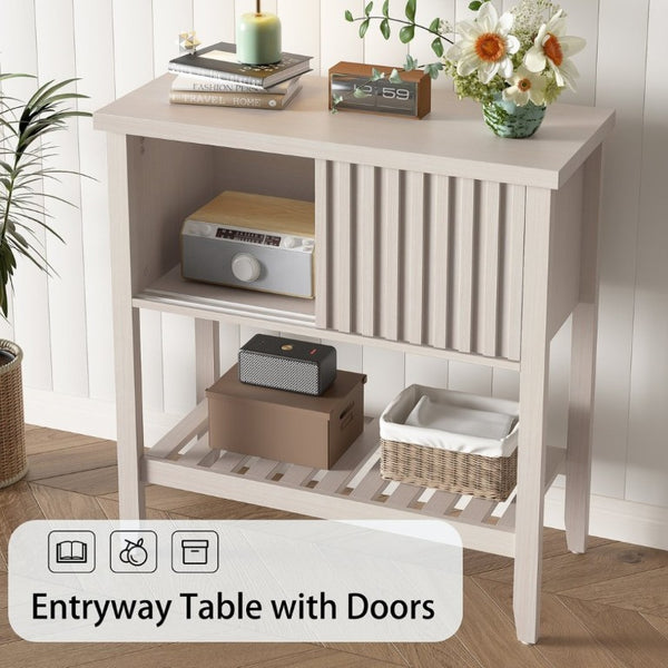 English Elm 31.5 Inch Fluted Console Table with Sliding Doors Open Shelf for Entryway or Office Beige T6372P547510