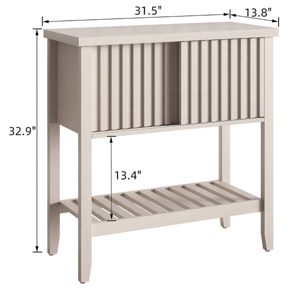 English Elm 31.5 Inch Fluted Console Table with Sliding Doors Open Shelf for Entryway or Office Beige T6372P547510