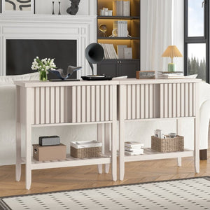 English Elm 31.5 Inch Fluted Console Table with Sliding Doors Open Shelf for Entryway or Office Beige T6372P547510
