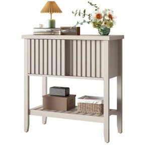 English Elm 31.5 Inch Fluted Console Table with Sliding Doors Open Shelf for Entryway or Office Beige T6372P547510