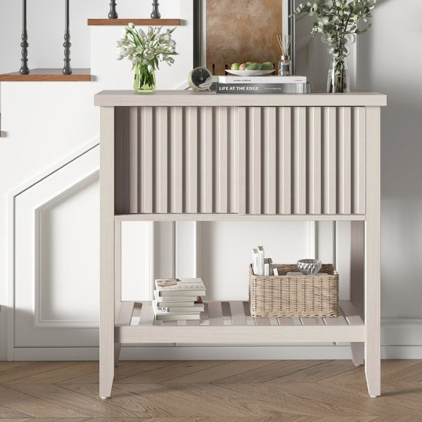 English Elm 31.5 Inch Fluted Console Table with Sliding Doors Open Shelf for Entryway or Office Beige T6372P547510