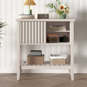 English Elm 31.5 Inch Fluted Console Table with Sliding Doors Open Shelf for Entryway or Office Beige T6372P547510