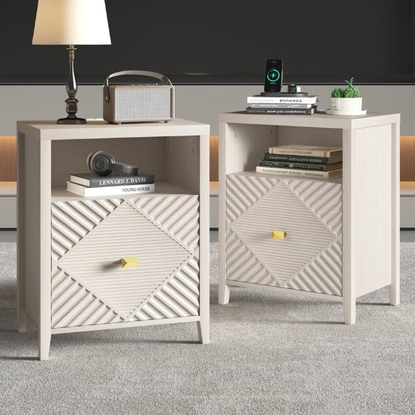 English Elm Nightstand Set of 2 with Built in Charging Station Open Shelf and Cabinet for Bedroom T6372P547513
