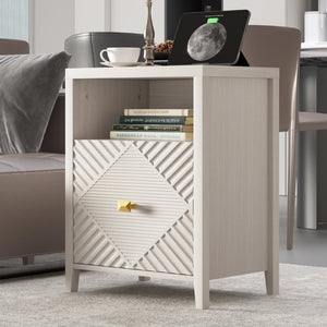 English Elm Nightstand Set of 2 with Built in Charging Station Open Shelf and Cabinet for Bedroom T6372P547513