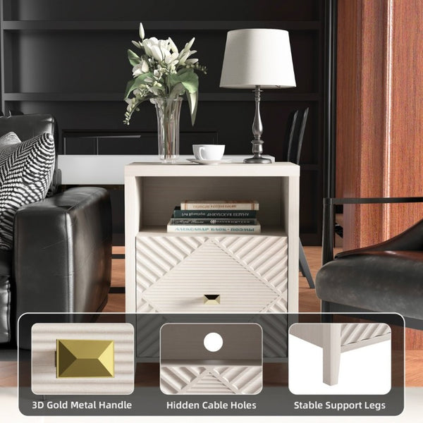 English Elm Nightstand Set of 2 with Built in Charging Station Open Shelf and Cabinet for Bedroom T6372P547513