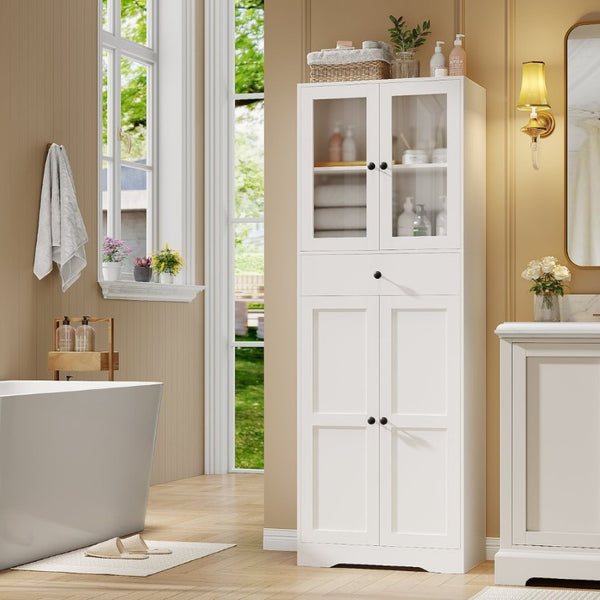 English Elm 67''H Freestanding Linen Cabinet Glass Panel Doors Drawers Moisture Resistant Bath Storage T6372P547525
