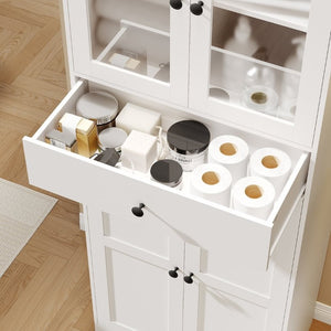 English Elm 67''H Freestanding Linen Cabinet Glass Panel Doors Drawers Moisture Resistant Bath Storage T6372P547525