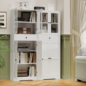 English Elm 67''H Freestanding Linen Cabinet Glass Panel Doors Drawers Moisture Resistant Bath Storage T6372P547525