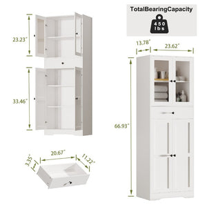 English Elm 67''H Freestanding Linen Cabinet Glass Panel Doors Drawers Moisture Resistant Bath Storage T6372P547525