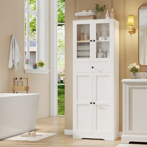 English Elm 67''H Freestanding Linen Cabinet Glass Panel Doors Drawers Moisture Resistant Bath Storage T6372P547525