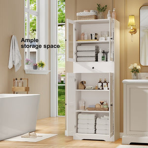 English Elm 67''H Freestanding Linen Cabinet Glass Panel Doors Drawers Moisture Resistant Bath Storage T6372P547525