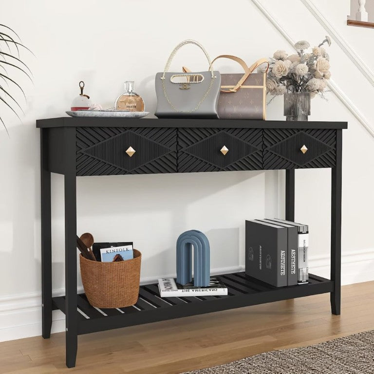 English Elm 47 Inch Fluted Console Table with 3 Drawers Open Shelf Narrow Entryway Sofa Accent T6372P562736