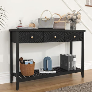English Elm 47 Inch Fluted Console Table with 3 Drawers Open Shelf Narrow Entryway Sofa Accent T6372P562736