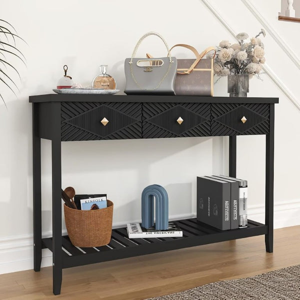 English Elm 47 Inch Fluted Console Table with 3 Drawers Open Shelf Narrow Entryway Sofa Accent T6372P562736