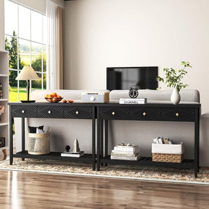English Elm 47 Inch Fluted Console Table with 3 Drawers Open Shelf Narrow Entryway Sofa Accent T6372P562736