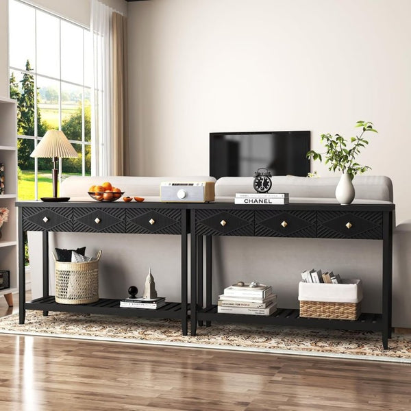 English Elm 47 Inch Fluted Console Table with 3 Drawers Open Shelf Narrow Entryway Sofa Accent T6372P562736