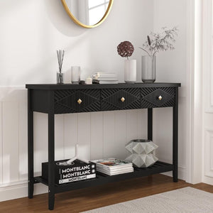English Elm 47 Inch Fluted Console Table with 3 Drawers Open Shelf Narrow Entryway Sofa Accent T6372P562736
