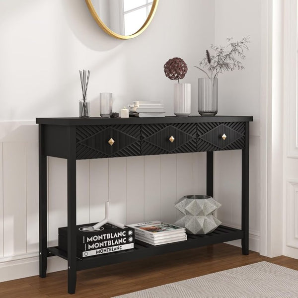 English Elm 47 Inch Fluted Console Table with 3 Drawers Open Shelf Narrow Entryway Sofa Accent T6372P562736